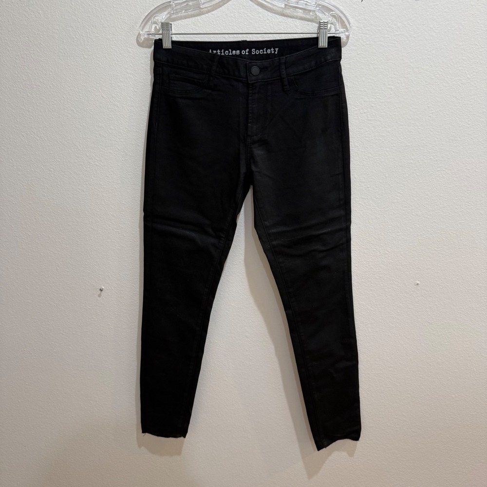 Articles of Society Black Coated Skinny Jeans Raw Hem Waxed Denim Size 27